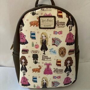 Loungefly Harry Potter Hermione and Luna Mini Backpack with Gold Zipper-NWT